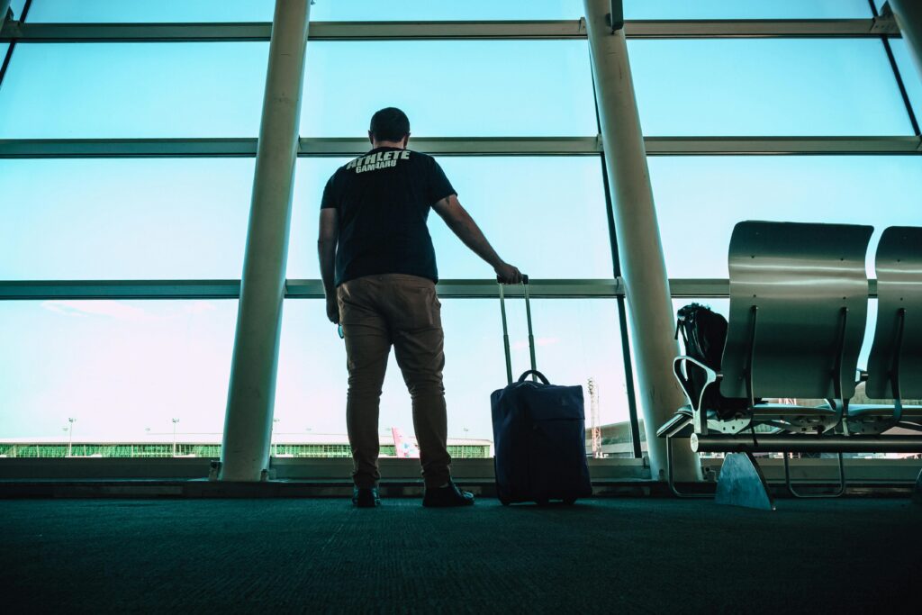 Person waiting for his airplane to take off in the airport